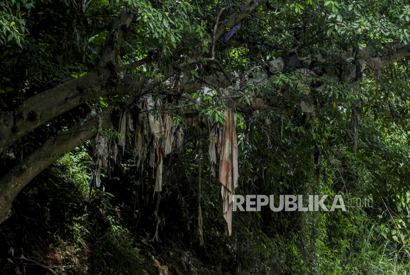 Sampah yang tersangkut pada pohon di bantaran Sungai Ciliwung, Depok, Jawa Barat.