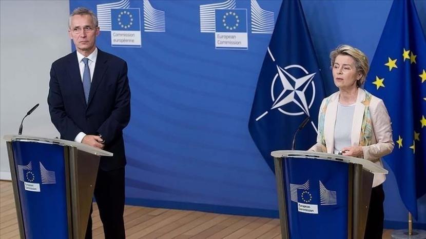 Sekretaris Jenderal NATO Jens Stoltenberg dan Presiden Komisi Uni Eropa (UE) Ursula von der Leyen pada Senin (20/6/2022) membahas kerja sama NATO-UE serta dukungan mereka terhadap Ukraina
