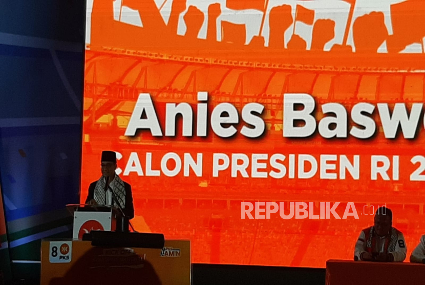 Capres Koalisi Perubahan, Anies Baswedan menghadiri launching program kampanye PKS di Hotel Bumi Wiyata, Kota Depok, Ahad (26/11/2023).