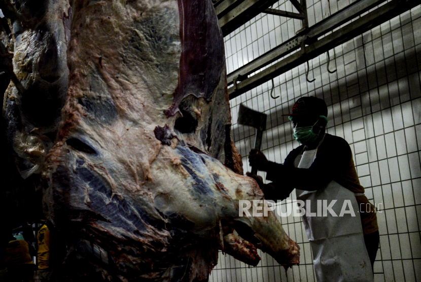 Pekerja memotong daging sapi kurban di Rumah Pemotongan Hewan (RPH).