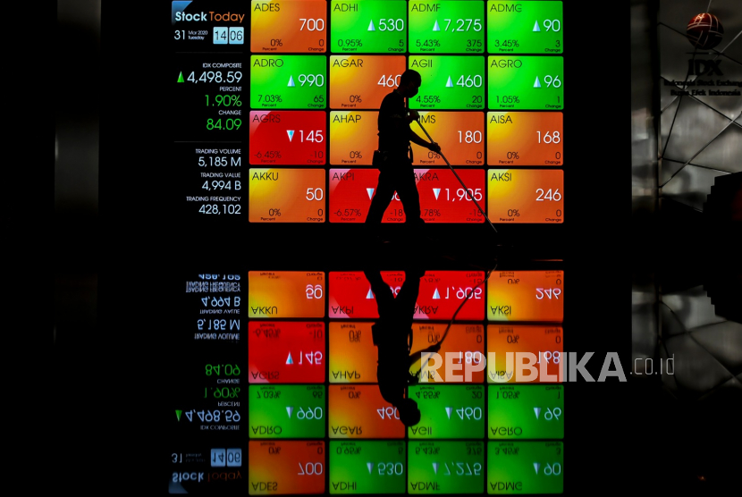 Petugas kebersihan melintas di depan layar yang menampilkan informasi pergerakan harga saham di gedung Bursa Efek Indonesia (BEI), Jakarta, Selasa (31/3). IHSG menguat 0,44 persen atau naik 26 poin ke level 5.996,44. Sementara nilai transaksi yang terjadi saat ini sebesar Rp 5,4 triliun.