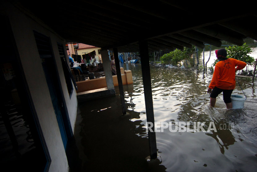 Seorang warga melintasI genangan air rob (banjir pasang air laut) di Kelurahan Muarareja, Tegal, Jawa Tengah, Jumat (5/6/2020). Ribuan rumah warga di daerah tersebut terendam rob dengan ketinggian mencapai 50 sentimeter dan sebagian warga terpaksa mengungsi ke tempat yang lebih aman