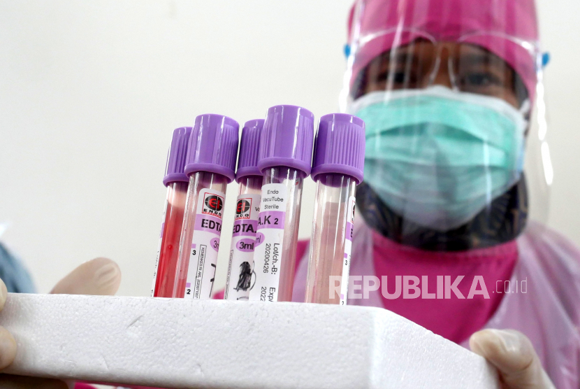 Petugas dari Puskesmas Cangkringan Sleman menunjukkan sampel darah saat melakukan rapid test covid. 