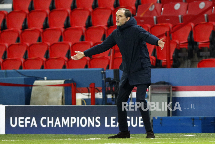  Pelatih kepala Thomas Tuchel dari PSG bereaksi selama pertandingan sepak bola Grup H Liga Champions UEFA antara Paris Saint Germain (PSG) dan RB Leipzig di Paris, Prancis, 24 November 2020.