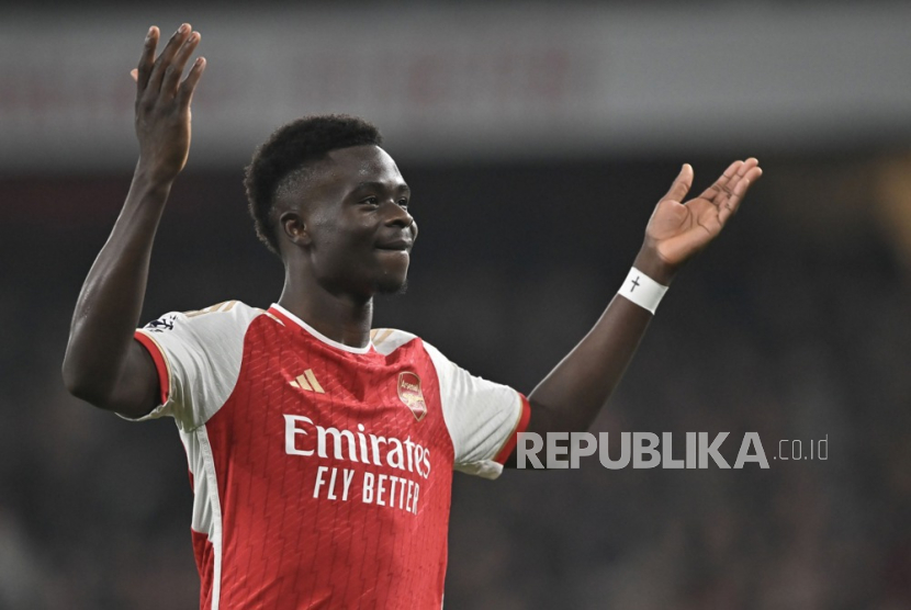 Bukayo Saka of Arsenal celebrates after scoring the 3-0 goal during the English Premier League match between Arsenal FC and Newcastle United, in London, Britain, 24 February 2024.