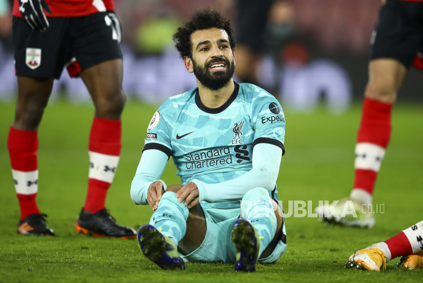 Mohamed Salah dari Liverpool bereaksi selama pertandingan sepak bola Liga Premier Inggris antara Southampton dan Liverpool di St Mary