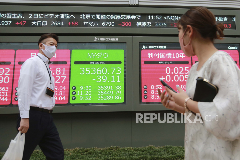  Orang-orang berjalan di dekat papan saham elektronik sebuah perusahaan sekuritas di Tokyo (ilustrasi). Valuasi ekuitas Asia turun ke level terendah 21 bulan pada akhir Januari 2022.