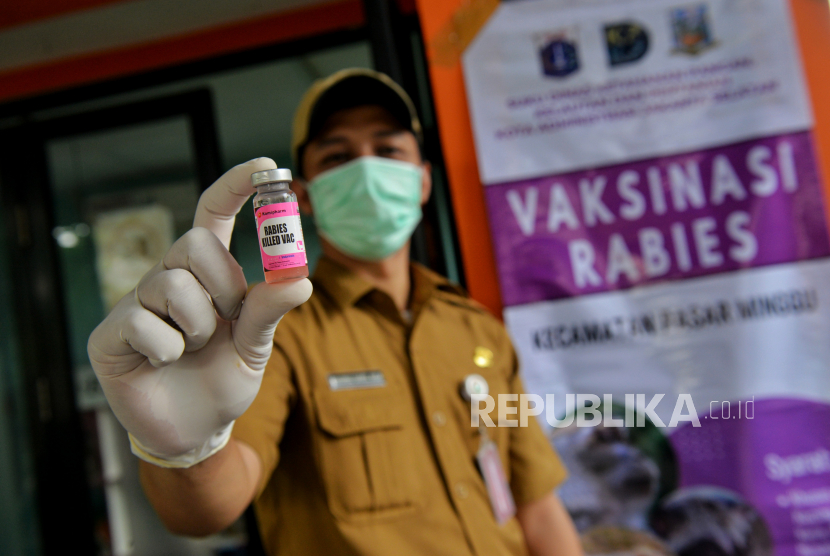 Petugas dari Suku Dinas Ketahanan Pangan, Kelautan dan Pertaniaan (KPKP) Jakarta Selatan menunjukan jenis vaksin rabies.