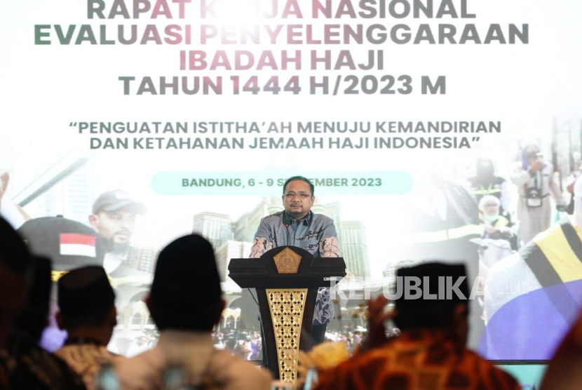 Menteri Agama (Menag) Yaqut Cholil Qoumas saat pembukaan Rakernas Evaluasi Penyelenggaraan Ibadah Haji 1444 H/ 2023 M di Bandung, Rabu (6/9/2023) malam.