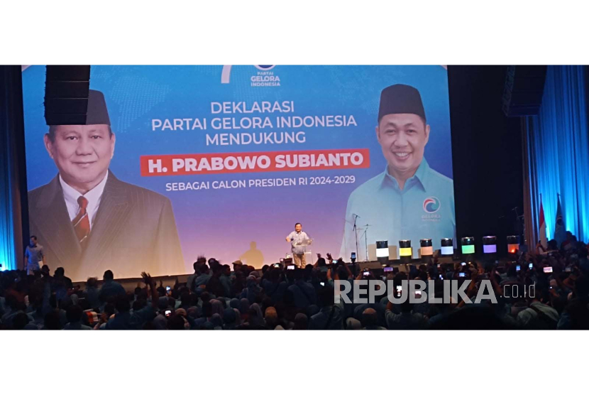 Ketum Partai Gerindra Prabowo Subianto menghadiri kegiatan deklarasi dukungan dari partai Gelora pada Sabtu (2/9/2023).