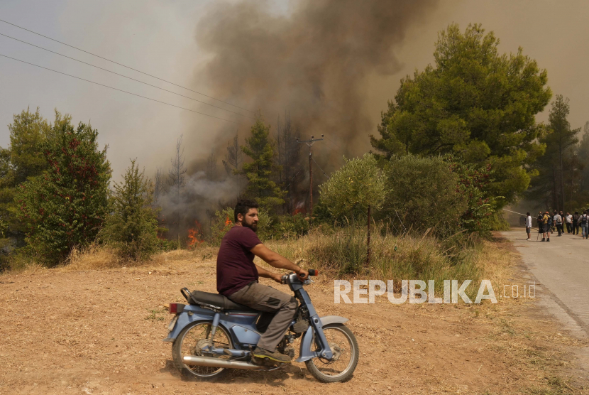 Kebakaran hutan menghanguskan hutan di desa Avgaria di pulau Evia, sekitar 184 kilometer (115 mil) utara Athena, Yunani, Selasa, 10 Agustus 2021. 