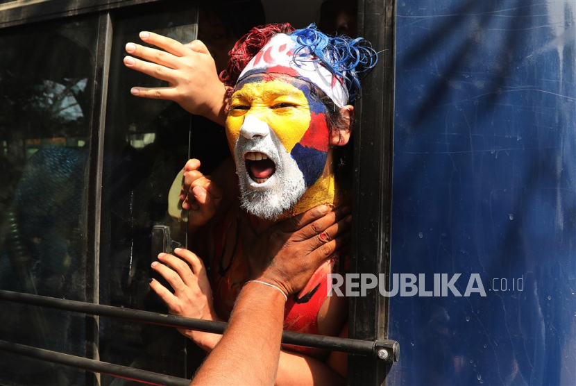  A Tibetan Youth Congress (TYC) activist shouts after being detained outside the Chinese embassy in New Delhi, India, 10 March 2023. TYC activists protested outside the Chinese embassy in New Delhi to commemorate the 64th anniversary of the Tibetan National Uprising Day.  