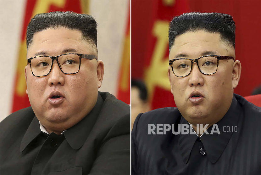 Kombinasi foto yang disediakan oleh pemerintah Korea Utara ini, menunjukkan pemimpin Korea Utara Kim Jong Un pada pertemuan Partai Buruh di Pyongyang, Korea Utara, pada 8 Februari 2021, kiri, dan 15 Juni 2021.