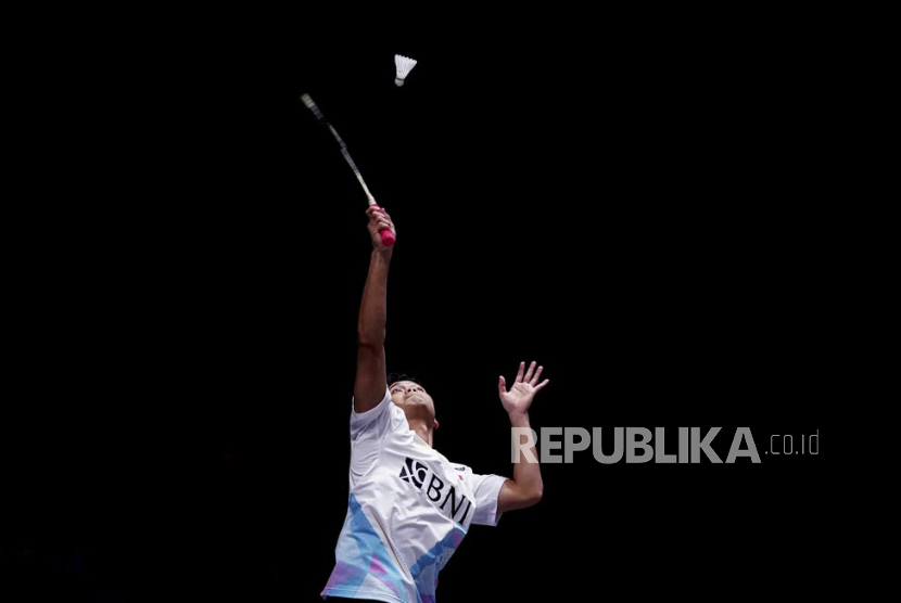 Indonesia Anthony Ginting in action against Denmark Viktor Axelsen during their Men Singles quarter final on day four of the YONEX All England Open Badminton Championships at the Utilita Arena Birmingham, Friday March 15, 2024. 