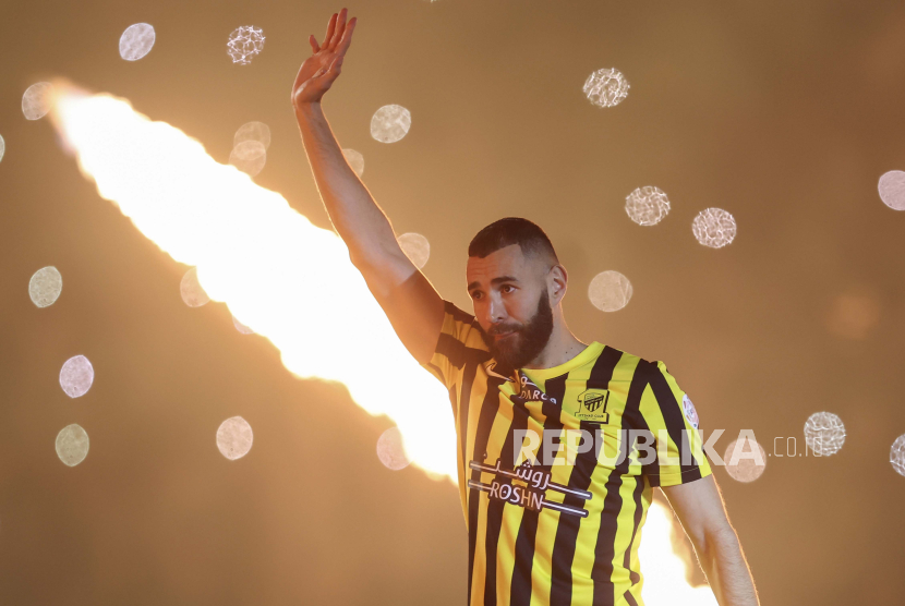 Karim Benzema saat kali pertama hijrah ke klub Al-Ittihad, di Jeddah, Arab Saudi, belum lama ini.