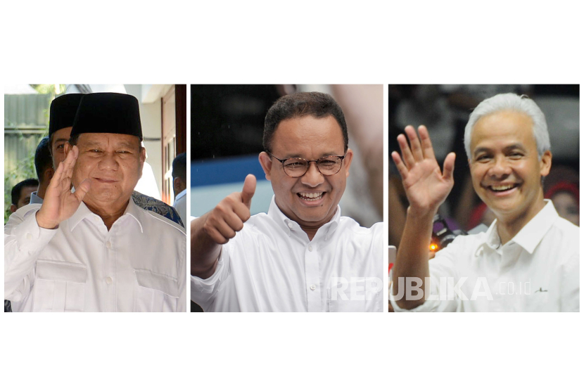 Bakal calon Presiden Prabowo Subianto (kiri), Anies Rasyid Baswedan (tengah), dan Ganjar Pranowo (kanan).