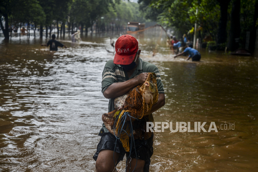 Warga membawa ikan hasil menjala di Jalan TB Simatupang yang kebanjiran, samping Tol JORR, Jakarta Selatan, Sabtu (20/2). 