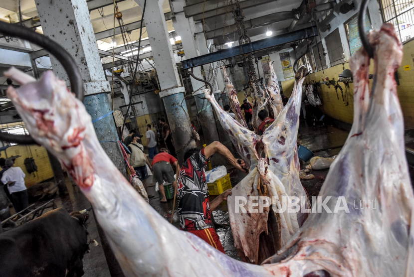 Petugas memotong daging sapi kurban di Rumah Potong Hewan (RPH) Ciroyom, Jalan Arjuna, Kota Bandung, Ahad (10/7/2022). Direktur Utama LPPOM MUI, Muti Arintawati mengungkapkan, 85 persen Rumah Potong Hewan (RPH) belum bersertifikasi halal.