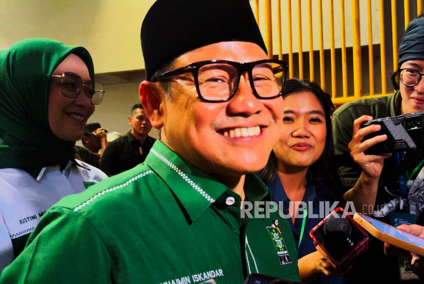 Ketua Umum PKB, Cak Imin ditemui usai acara harlah PKB ke-25, Ahad (23/7/2023). Ketum PKB Muhaimin Iskandar sebut koalisi dengan Gerindra hanya takdir yang tentukan.