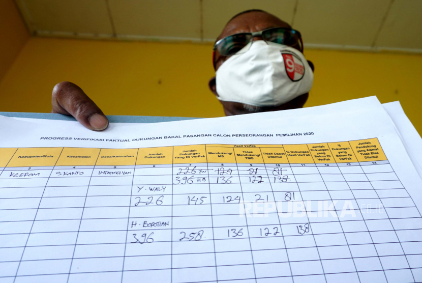 Komisioner KPU Papua, Adam Arisoi menunjukkan data sementara tahapan verifikasi faktual calon perseorangan di Distrik Skanto, Keerom, Papua, Kamis (2/7/20).