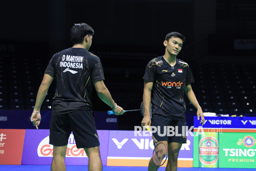 Muhammad Shohibul Fikri/Daniel Marthin tampil di Kejuaraan Bulu Tangkis Beregu Campuran Asia 2025 di Qingdao Conson Gymnasium China, Selasa (11/2/2025).