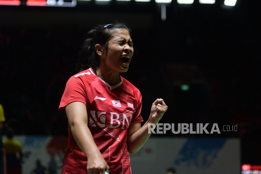 Ekspresi pemain bulu tangkis tunggal putri Indonesia Gregoria Mariska Tunjung (llustrasi).