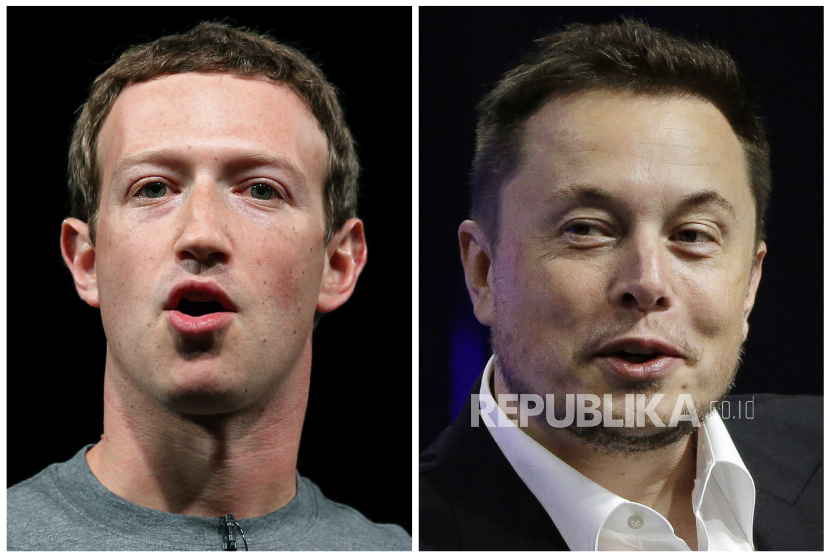 Facebook CEO Mark Zuckerberg (kiri) dan Tesla and SpaceX CEO Elon Musk. Keduanya dikabarkan akan bertarung di Roma, Italia pada 26 Agustus 2023.