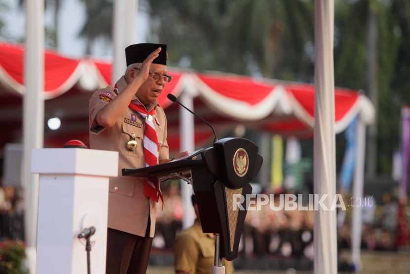 Wakil Presiden Maruf Amin menyampaikan sambutan saat upacara pembukaan Raimuna Nasional (Rainas) XII Tahun 2023 di Buperta Cibubur, Jakarta, Senin (14/8/2023). 