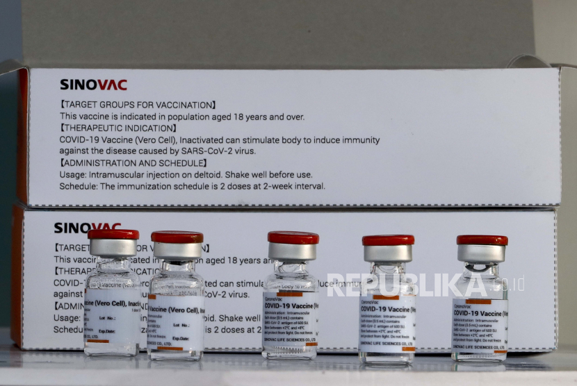  Sampel vaksin Sinovac ditampilkan di bandara Suvarnabhumi di Bangkok, Thailand, Rabu, 24 Februari 2021, menjelang kedatangan pengiriman pertama 200.000 dosis vaksin Sinovac dan 117.000 dosis vaksin AstraZeneca pada 24 Februari.