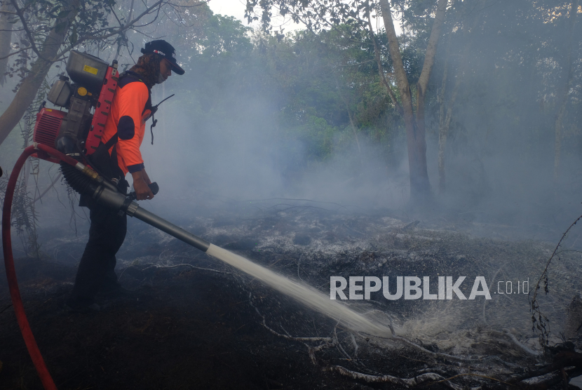 Personel BPBD Kalimantan Barat menyemprotkan busa racun api di lahan gambut yang terbakar di Parit Sembin, Kecamatan Sungai Raya, Kabupaten Kubu Raya, Kalbar, Jumat (15/9/2023). 