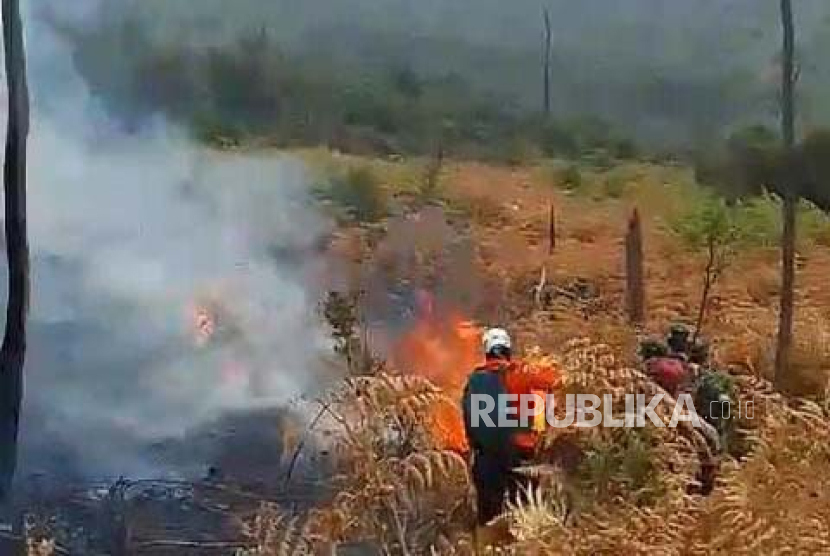 Petugas melakukan pemadaman kebakaran di kawasan Gunung Papandayan, Kabupaten Garut, Senin (23/10/2023). 