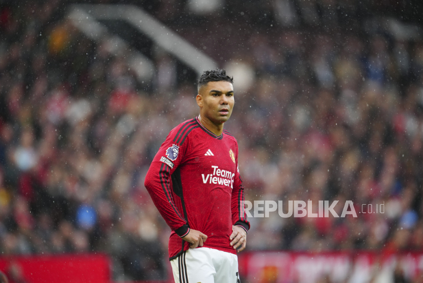 Manchester United Casemiro looks on during the English Premier League soccer match between Manchester United and Crystal Palace at the Old Trafford stadium stadium in Manchester, England, Saturday, Sept. 30, 2023. 