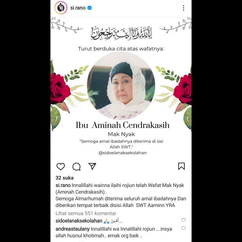 Aminah Cendrakasih meninggal dunia. Aminah Cendrakasih pemeran Mak Nyak Si Doel meninggal dunia, Kamis (21/12/2022). Foto: Republika