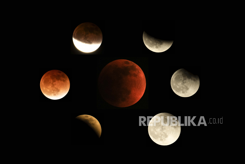 Kombinasi foto ini menunjukkan bulan dalam berbagai tahap gerhana bulan total selama bulan darah pertama tahun ini di Temple City, California, 15 Mei 2022.
