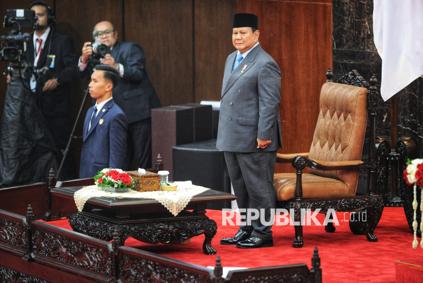 Presiden Prabowo Subianto saat menghadiri  Sidang Tahunan MPR dan Sidang Bersama DPR - DPD Tahun 2025 di Gedung Nusantara, Kompleks Parlemen, Senayan, Jakarta, Jumat (15/8/2025). Dalam kesempatan tersebut Presiden Prabowo Subianto menyampaikan pidato kenegaraan dalam rangka Hari Ulang Tahun (HUT) ke-80 Kemerdekaan RI.