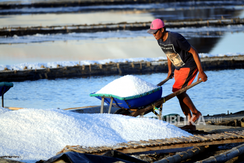 Petani memanen garam,  di Desa Bunder, Pamekasan, Jawa Timur, Senin (31/8/2020). Dalam beberapa pekan terakhir harga garam di Madura naik dari Rp.250 000 per ton menjadi Rp.300.000 hingga Rp.400.000 per ton. 