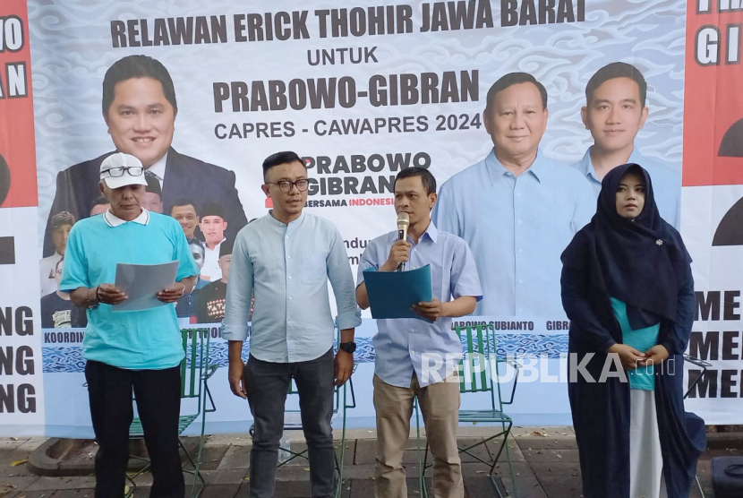 Relawan Erick Thohir di Jawa Barat mendeklarasikan dukungan kepada pasangan nomor urut 02, Prabowo Subianto-Gibran Rakabuming Raka.