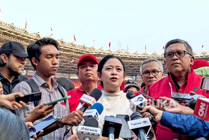 Ketua DPP PDIP, Puan Maharani meninjau gladi kotor puncak peringatan bulan Bung Karno di Stadion Gelora Bung Karno (GBK), Jakarta Pusat, Kamis (22/6/2023).
