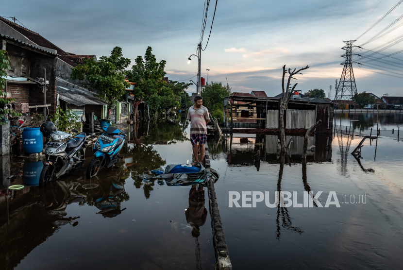 Seorang warga berdiri di tengah banjir rob yang merendam jalan desa di Desa Sriwulan, Sayung, Demak, Jawa Tengah, Senin (1/6/2020). Berbagai upaya dilakukan warga setempat untuk dapat beraktifitas di tengah ancaman pasang air laut yang merendam permukiman mereka ketika musim air pasang laut tinggi (rob) tiba