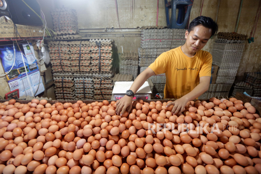  Penjual telur menunggu pelanggan di pasar tradisional di Depok. Sejumlah harga pangan pokok mengalami kenaikan harga imbas naiknya komponen biaya produksi. Di tengah tekanan kenaikan harga itu, Kementerian Perdagangan (Kemendag) masih belum memperbarui acuan harga pangan.