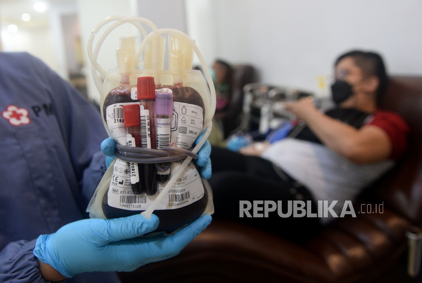Petugas PMI menunjukan stok darah pendonor di Unit Tranfusi Darah (UTD) Palang Merah Indonesia (PMI). PMI menyebut saat ini persediaan darah di Lebak menipis seiring merebaknya covid-19