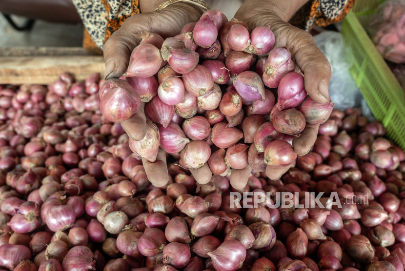 Pedagang menunjukkan bawang merah jualannya di Pasar (ilustrasi).