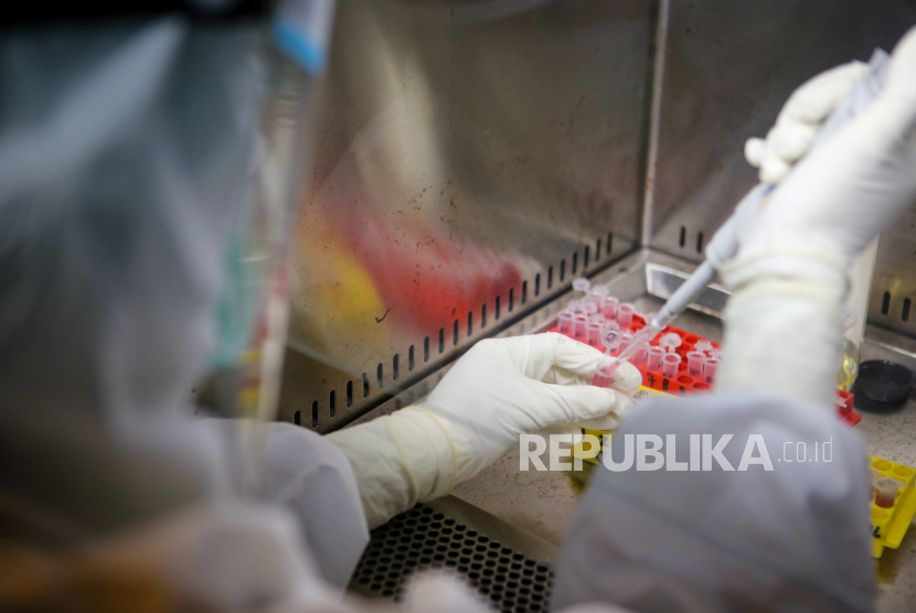 Petugas kesehatan memeriksa sampel tes usap PCR di Laboratorium Kesehatan Daerah (Labkesda) Kota Tangerang, Banten.
