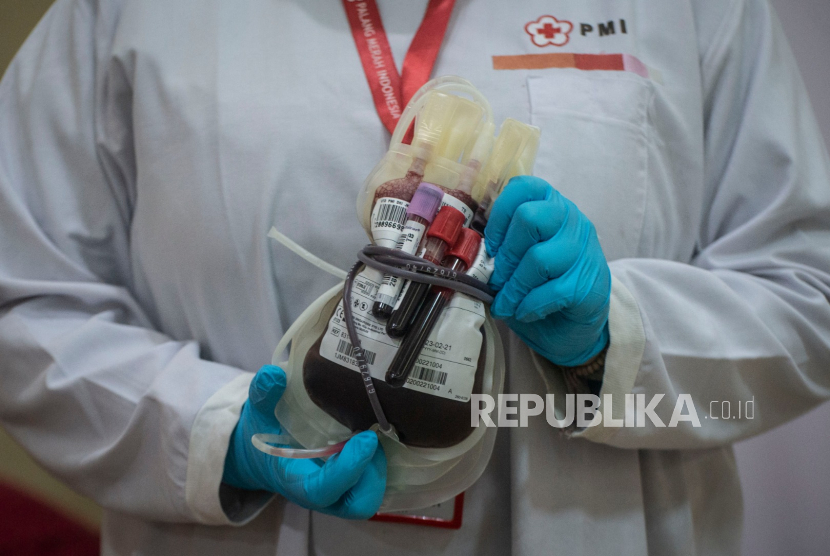 Petugas menunjukkan darah dari pendonor sukarela di Unit Tranfusi Darah (UTD) Palang Merah Indonesia (PMI). 