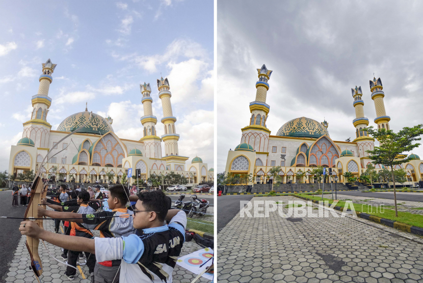 PBNU Nilai Wacana Relaksasi Tempat Ibadah Positif. Foto kolase perbandingan suasana menjelang berbuka puasa Ramadhan sebelum adanya pandemi Covid-19 (kiri) dan saat pandemi (kanan) di halaman Masjid Hubbul Wathan Islamic Center NTB di Mataram, NTB.