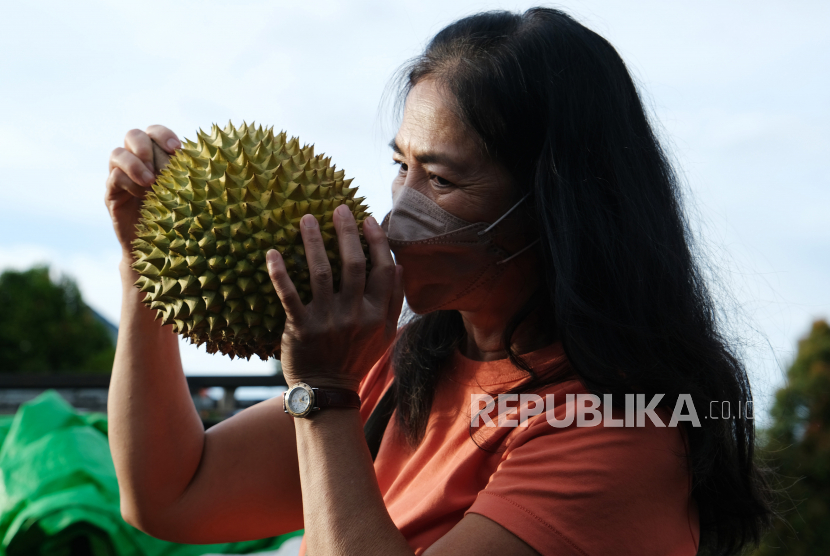 Seorang warga mencium buah durian. Kabupaten Parigi Moutong mengekspor 22 ton durian dalam bentuk beku ke Thailand.