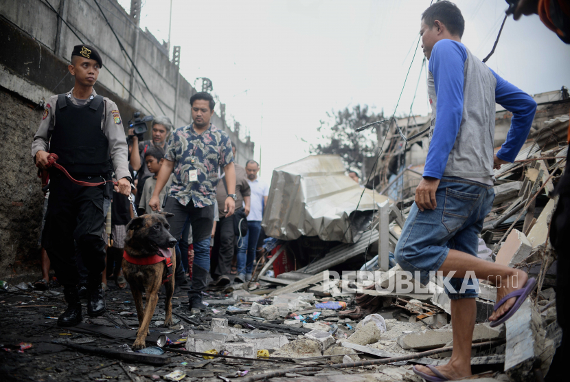 Polisi menggunakan anjing K-9 untuk mencari korban kebakaran depo Pertamina Plumpang di kawasan Rawa Badak, Jakarta, Sabtu (4/3/2023). Polda Metro Jaya menurunkan anjing K-9 untuk membantu pencarian korban yang masih tertimbun reruntuhan bangunan pasca kebakaran depo Pertamina Plumpang.
