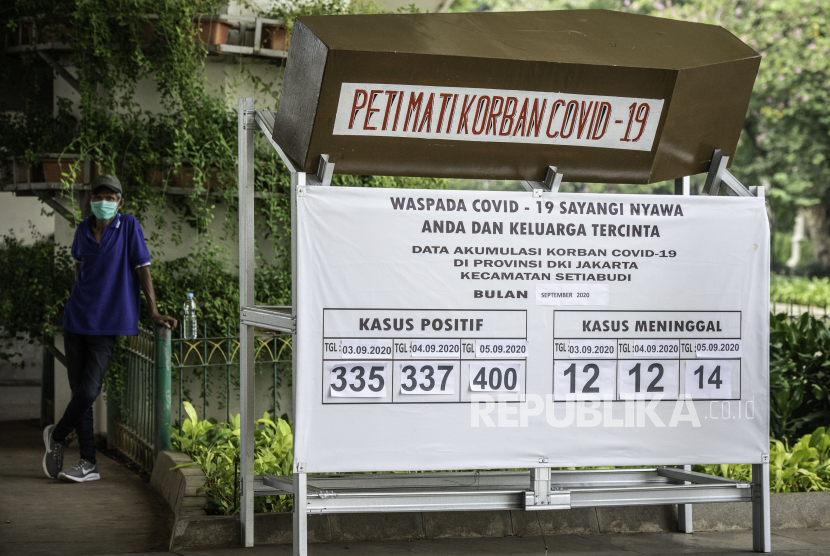 Warga berdiri di dekat replika peti mati dan papan himbauan waspada COVID-19 yang terpasang di jalur pedestrian Jalan Jenderal Sudirman, Jakarta, Ahad (6/9/2020). Dinas Kesehatan DKI Jakarta menyebutkan 