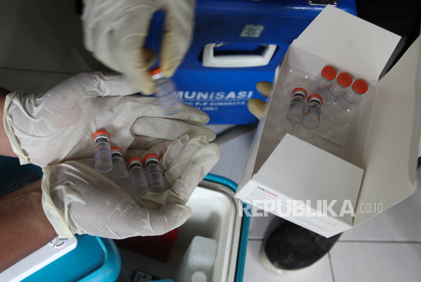 Petugas kesehatan memasukkan vaksin COVID-19 Sinovac ke dalam tempat penyimpanan vaksin atau 