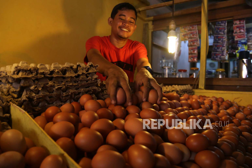 Pedagang menata telur ayam ras yang dijual di Pasar Barito, Kota Ternate, Provinsi Maluku Utara, Kamis (18/5/2023). 